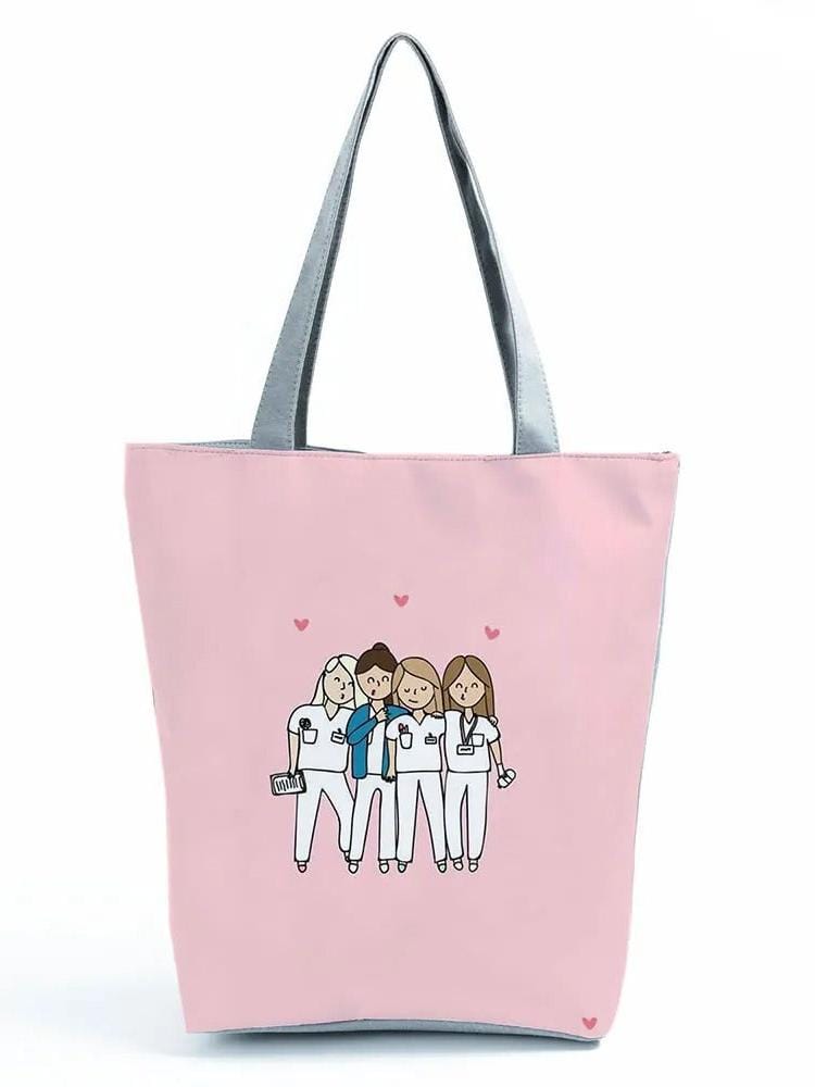 Cartoon Ladies Nurse Printed Handbag – Foldable High Capacity Shoulder Bag, Eco-Friendl