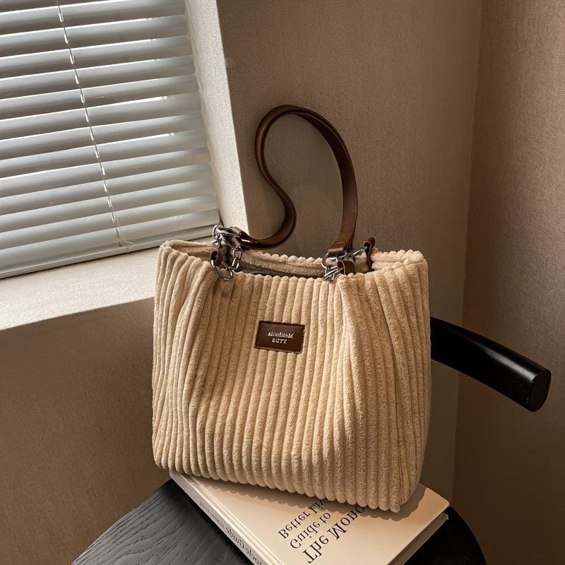 Fashionable Corduroy Tote Bag with Chain Shoulder Strap – Large Capacity Plush Handbag for Women