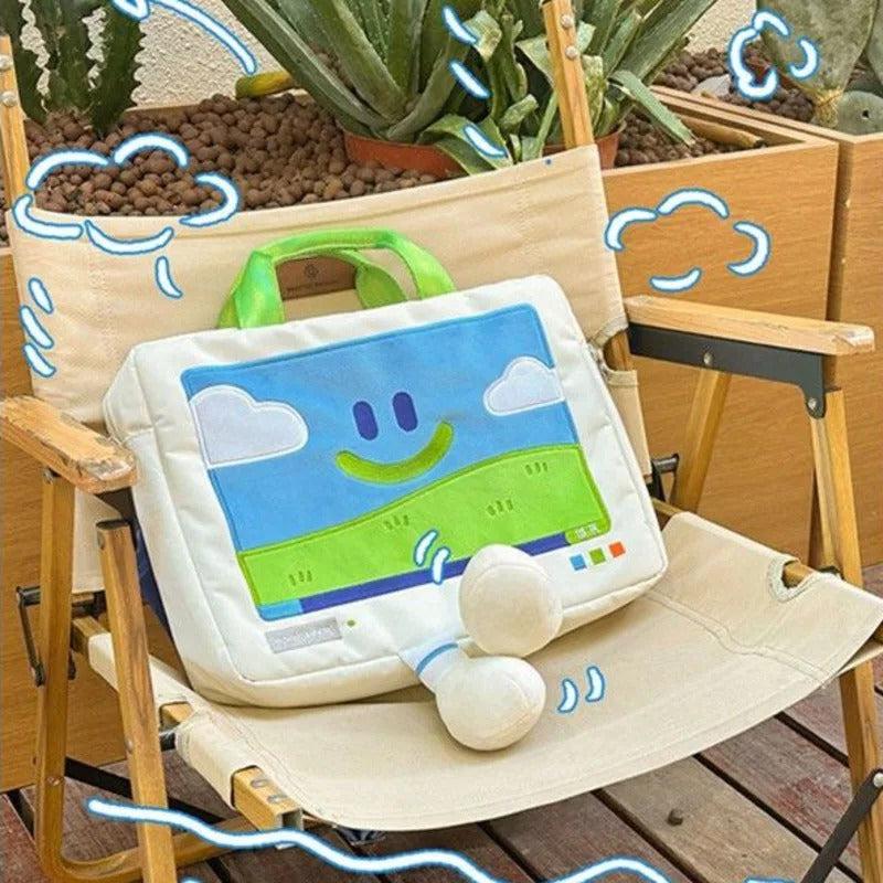 Funny Cartoon Smiling Face Shoulder Bag – Embroidered Large Capacity Laptop Bag for Students