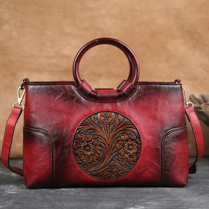 GAGACIA™ Chinese Style Embossed Leather Handbag – High-Quality Handmade Shoulder Bag for Women