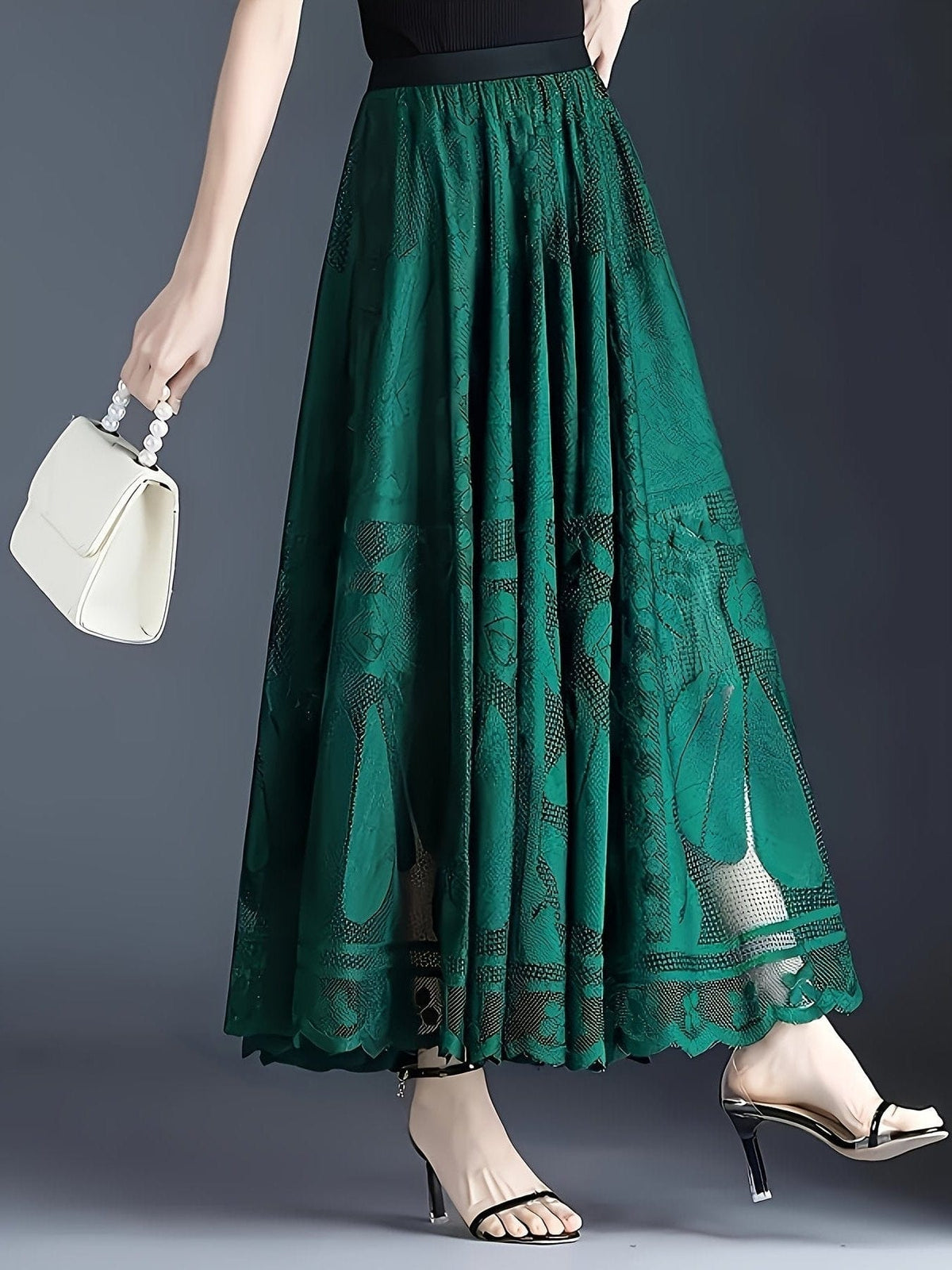 Guipure Lace High-Waisted Maxi Skirt Flowing A-Line Design for Chic Spring & Summer Elegance