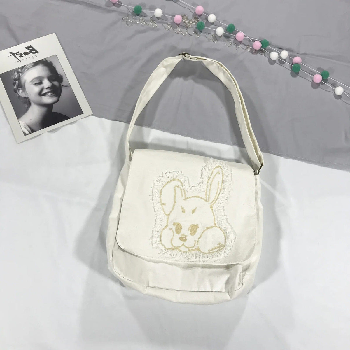 Harajuku Fringed Rabbit Embroidered Canvas Shoulder Bag – Stylish Women’s Crossbody