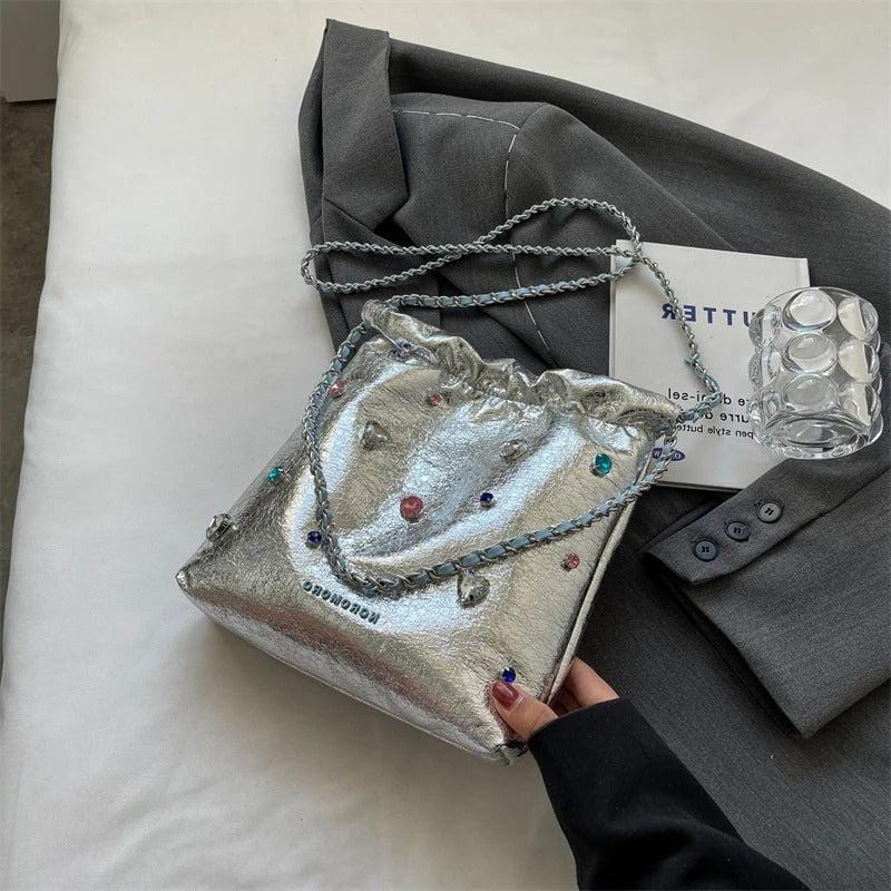 LEFTSIDE Diamonds Design Silver Leather Crossbody Bag for Women – 2023 Luxury Designer