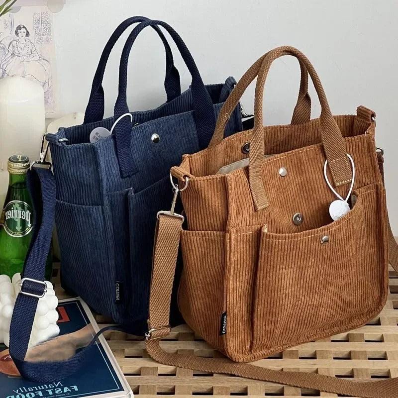 Large Corduroy Women's Shoulder Bag – Canvas Tote & Messenger Crossbody Bag for Students & Casual Wear