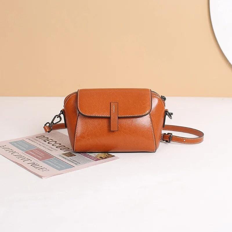 Oil Wax Cowhide Leather Crossbody Bag for Women | Fashionable Small Shoulder Shell
