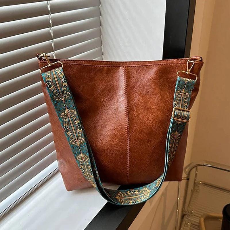 Vintage Solid Color Women's Shoulder Sling Bag | High-Capacity Bucket Crossbody Bag with Wide Strap